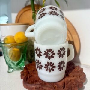 Vintage Brown Daisy Floral Fire King Milk Glass Mugs